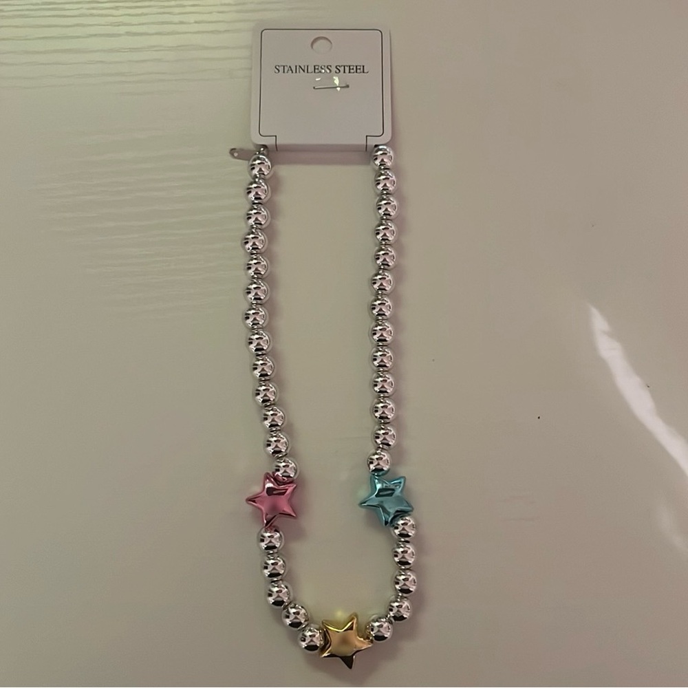 Chunky Multicolor Star Beaded Silver Fashion Necklace